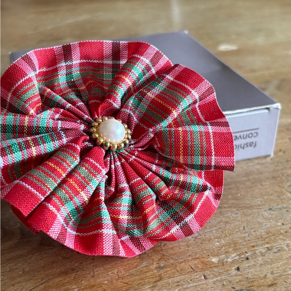 Vintage 1990 Red Tartan Plaid Pearl Rosette Barrette 3.5” NIB Convertible Brooch